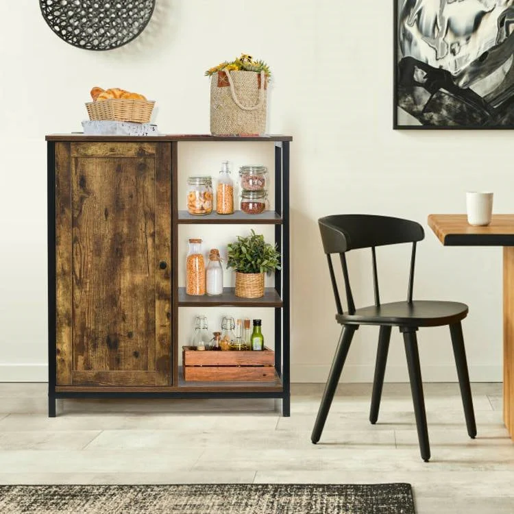 Modern Industrial Black Metal Brown Wood Sideboard Buffet Storage Shelf Cabinet - Image 2