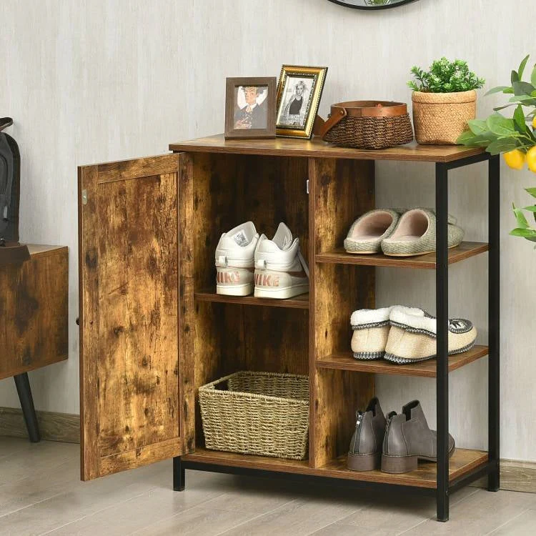 Modern Industrial Black Metal Brown Wood Sideboard Buffet Storage Shelf Cabinet - Image 3