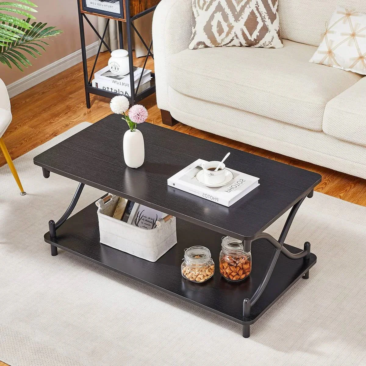 Modern Industrial Black Metal Wood Coffee Table with Bottom Storage Shelf - Image 2