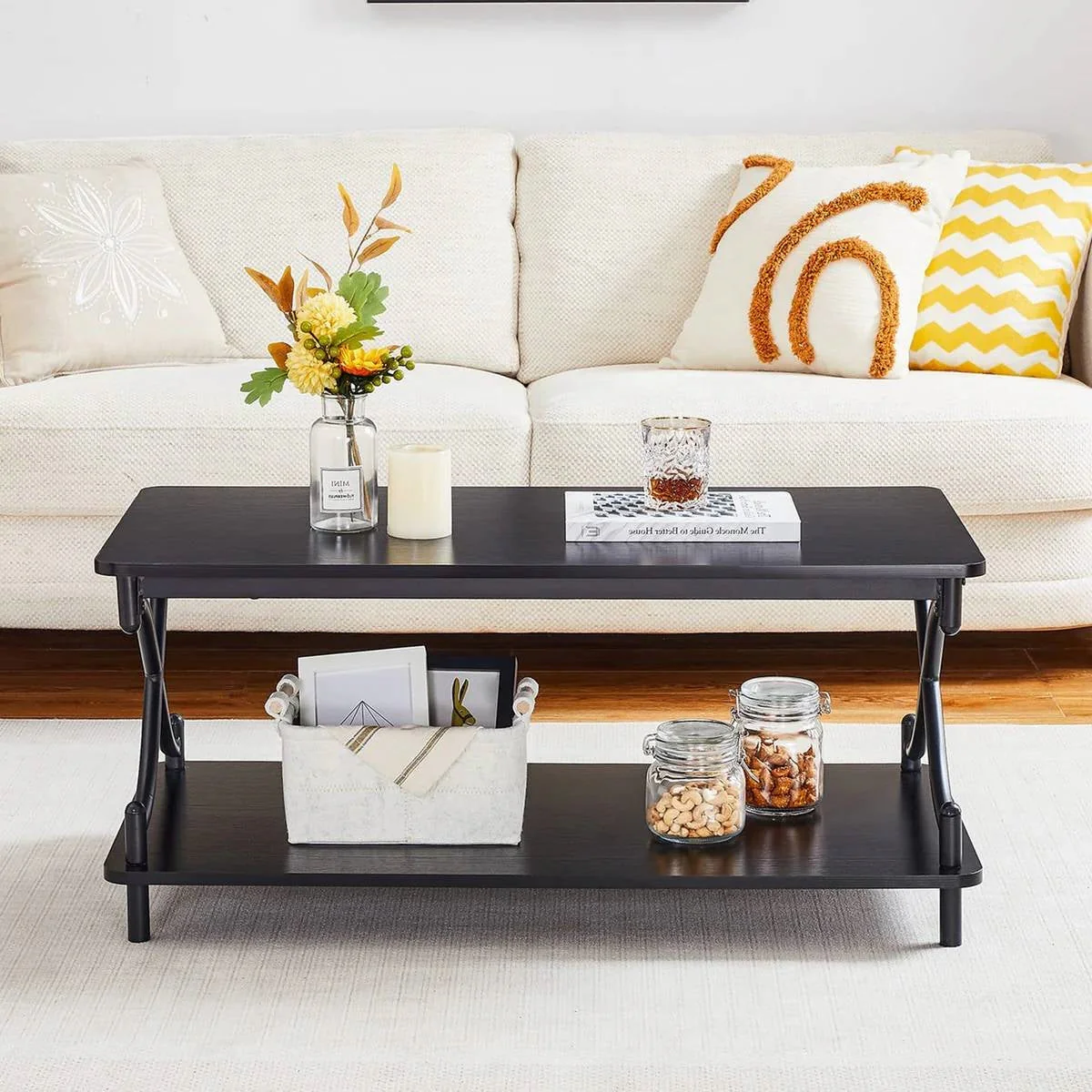 Modern Industrial Black Metal Wood Coffee Table with Bottom Storage Shelf - Image 3