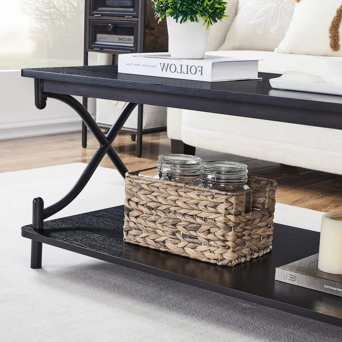 Modern Industrial Black Metal Wood Coffee Table with Bottom Storage Shelf - Image 4