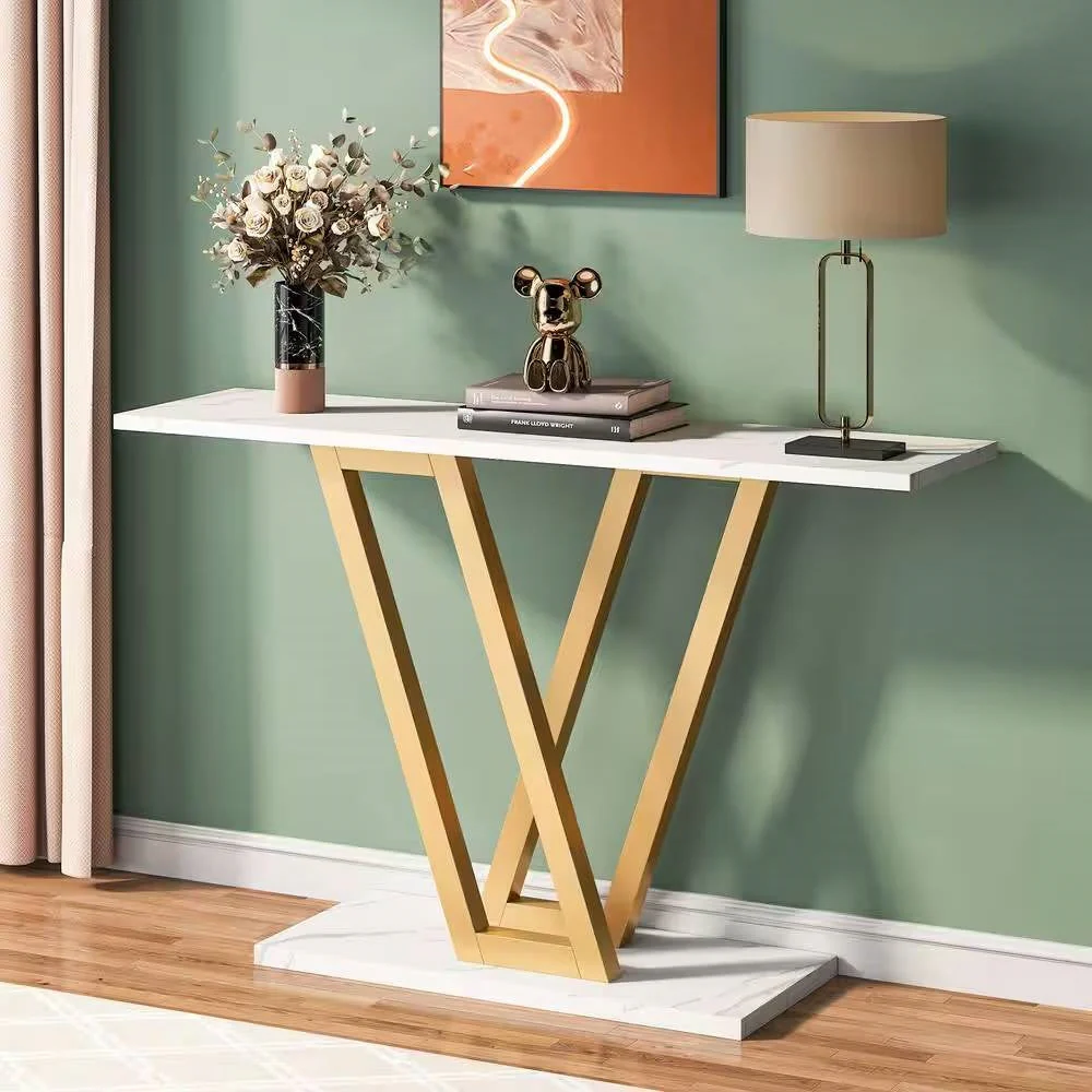 Modern Industrial Console Table with Faux White Marble Top and Gold Frame - Image 2