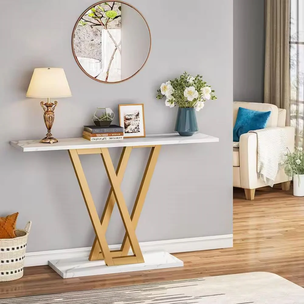 Modern Industrial Console Table with Faux White Marble Top and Gold Frame - Image 3