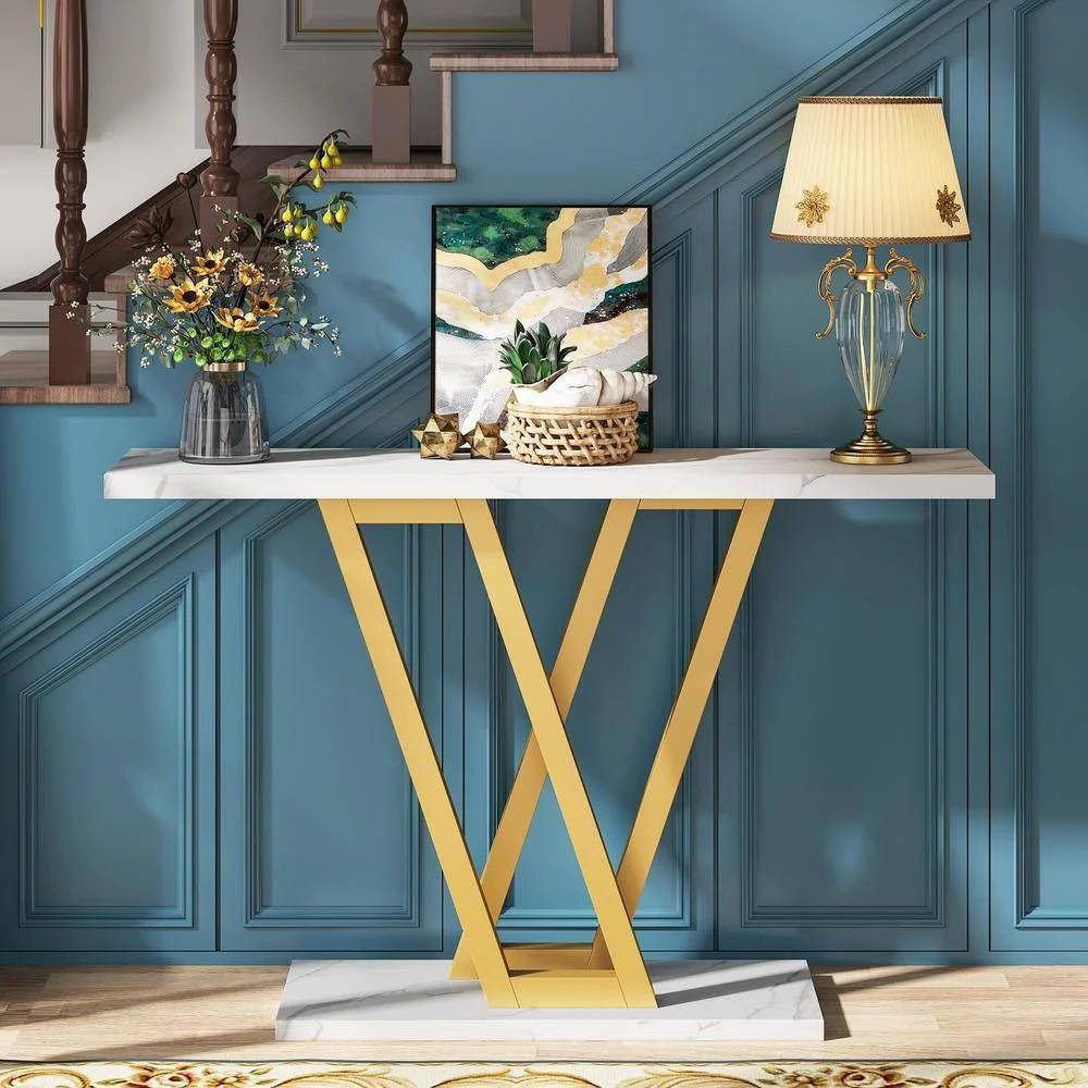 Modern Industrial Console Table with Faux White Marble Top and Gold Frame - Image 4