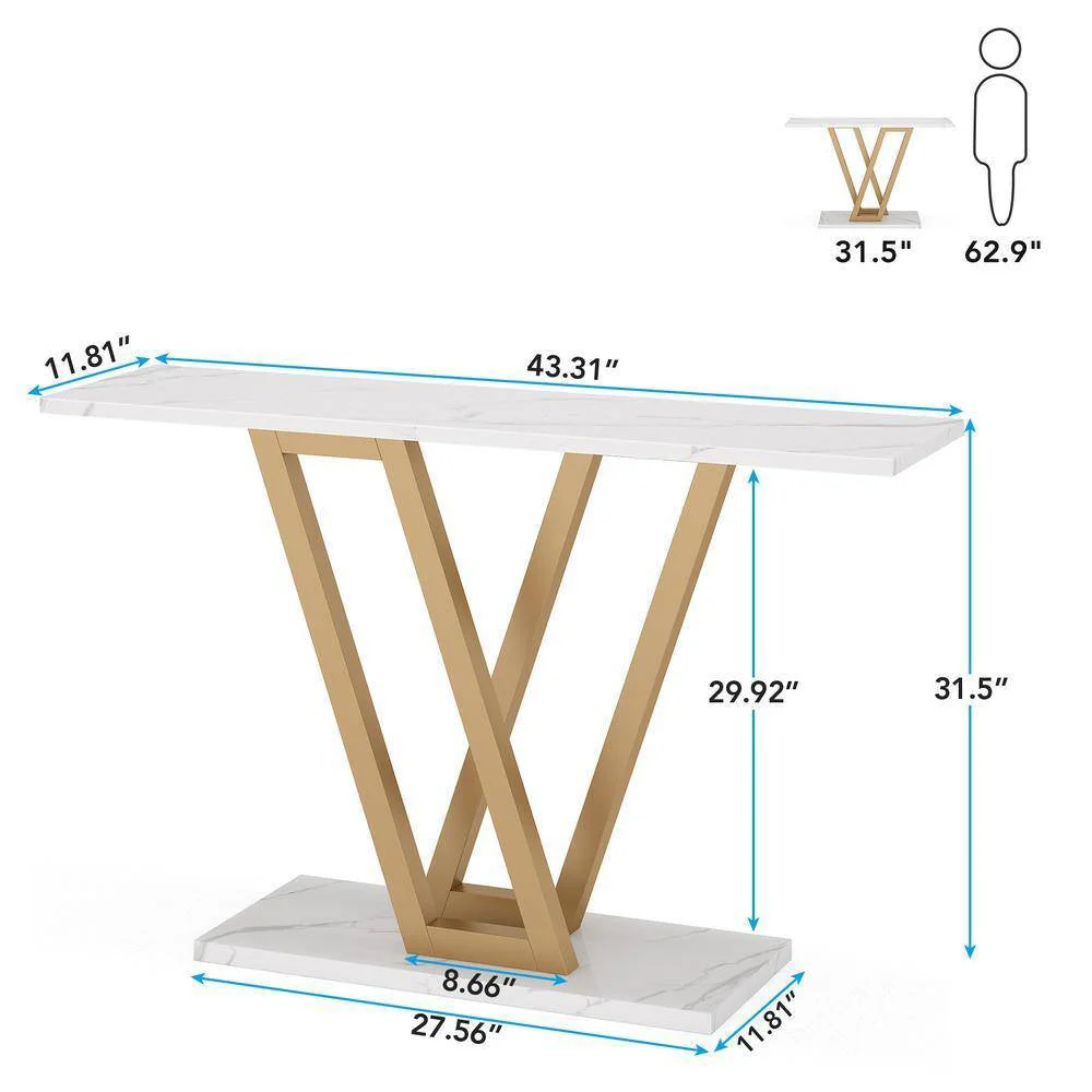 Modern Industrial Console Table with Faux White Marble Top and Gold Frame - Image 5