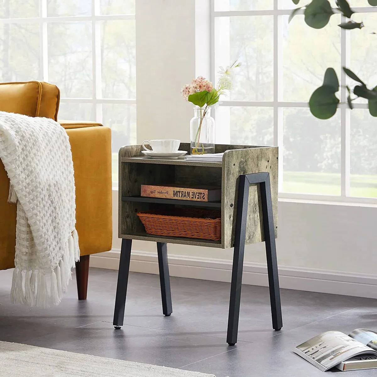 Modern Industrial Grey Wood Black Metal Side Table Nightstand End Table - Image 2