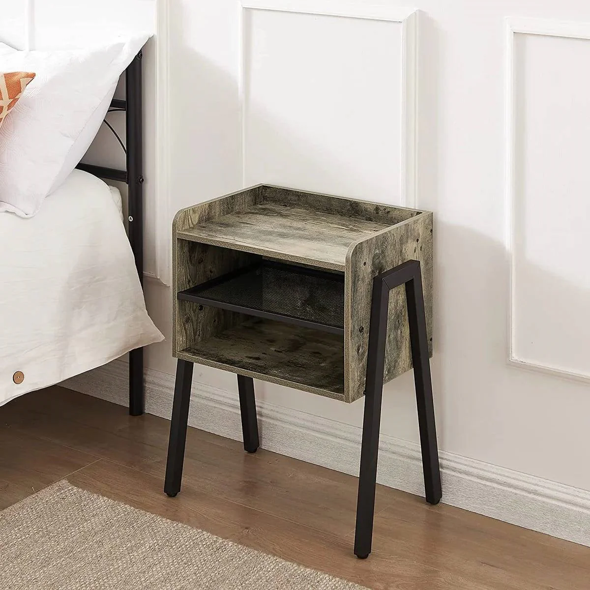 Modern Industrial Grey Wood Black Metal Side Table Nightstand End Table - Image 4
