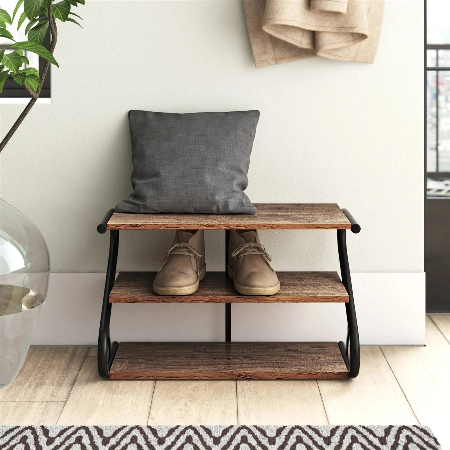 Modern Industrial Metal Wood 3-Tier Shoe Rack - Holds up to 9 Pair of Shoes - Image 3