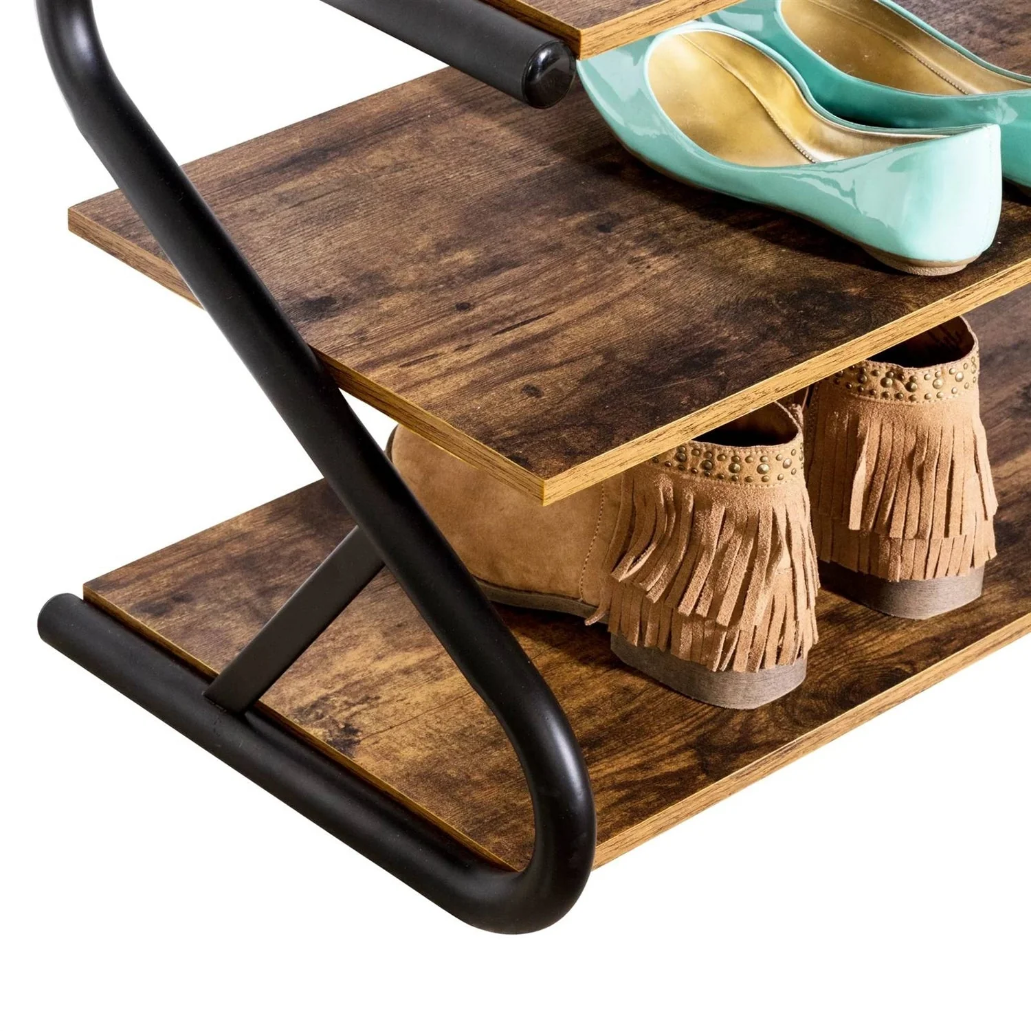 Modern Industrial Metal Wood 3-Tier Shoe Rack - Holds up to 9 Pair of Shoes - Image 4