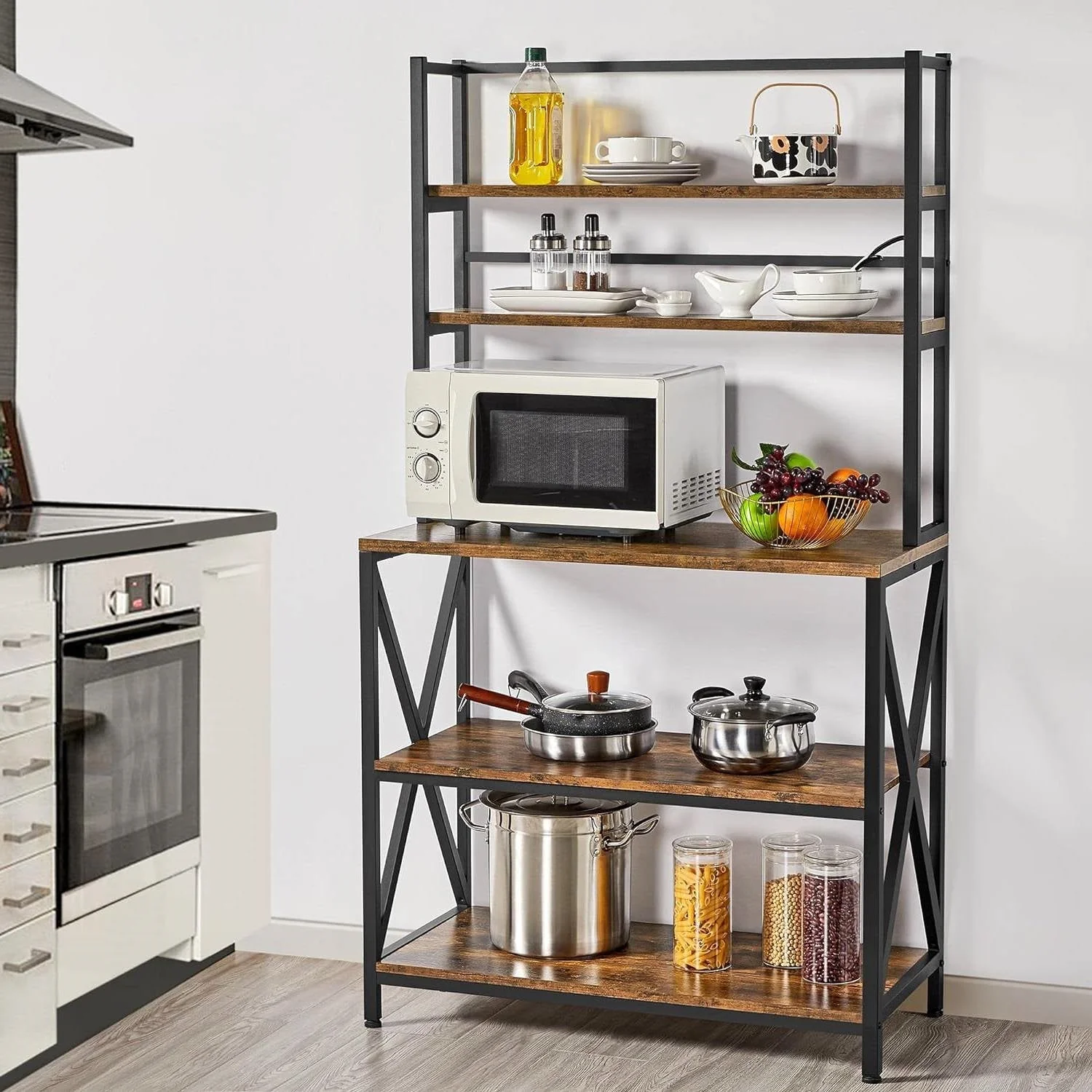Modern Industrial Metal Wood Bakers Rack Kitchen Storage Shelf - Image 2