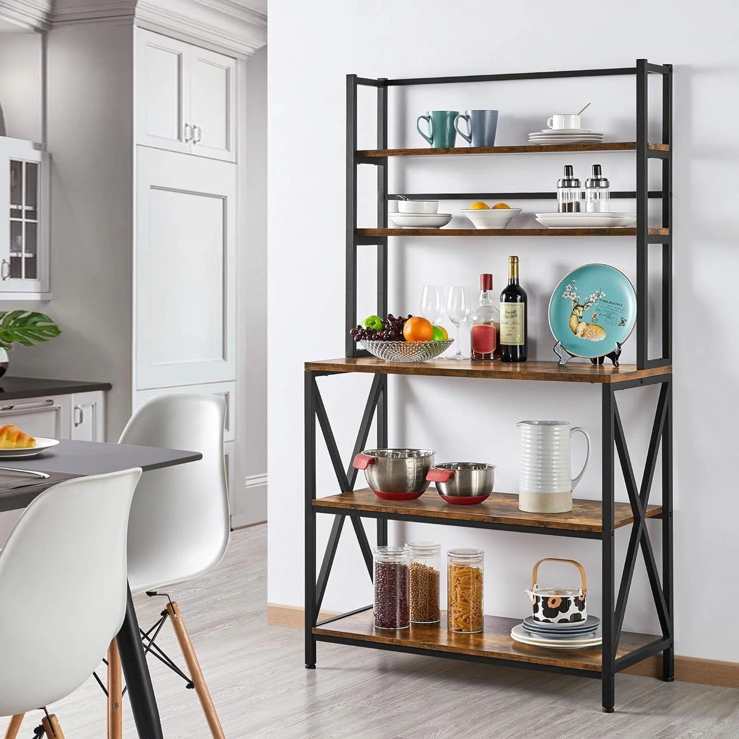 Modern Industrial Metal Wood Bakers Rack Kitchen Storage Shelf - Image 3