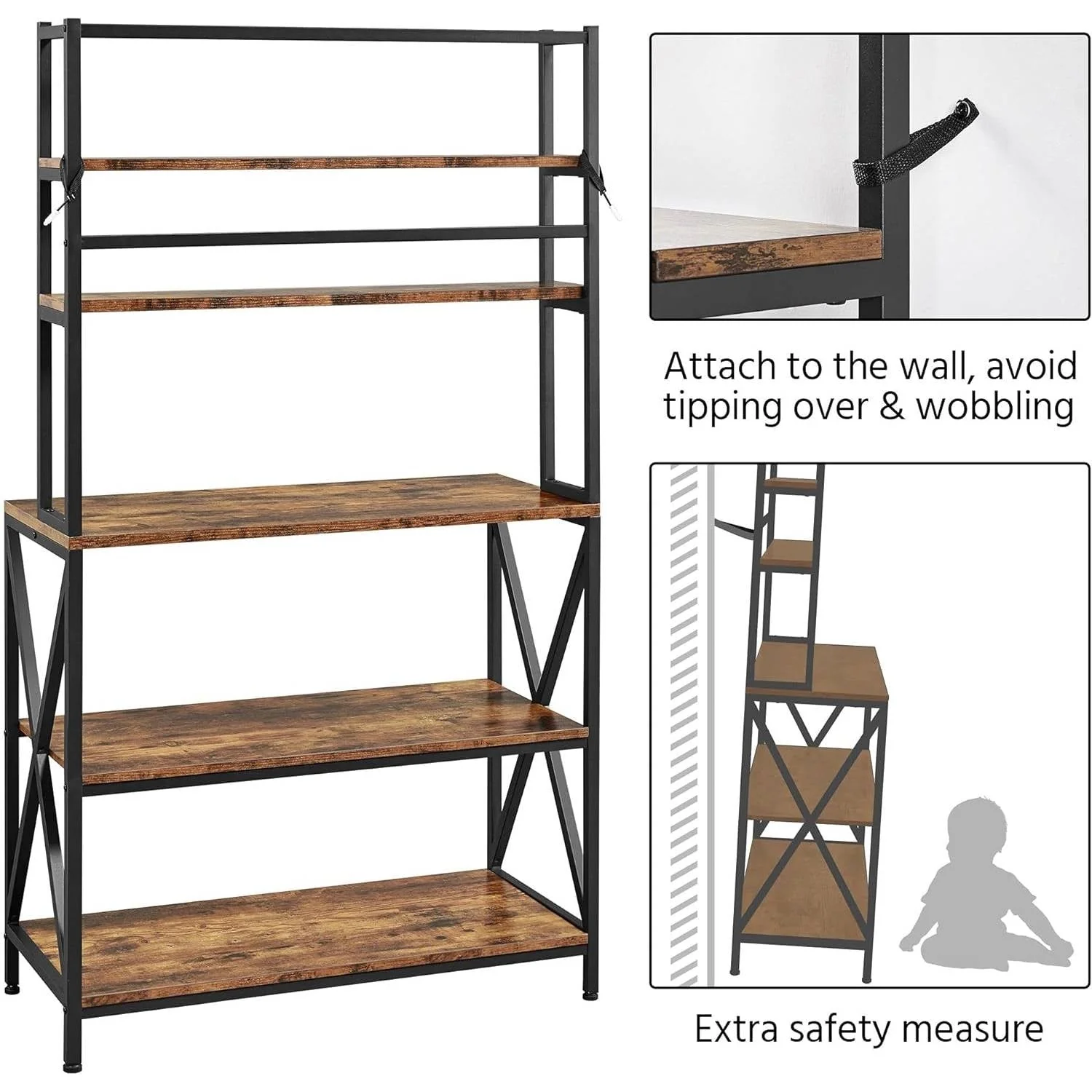 Modern Industrial Metal Wood Bakers Rack Kitchen Storage Shelf - Image 4