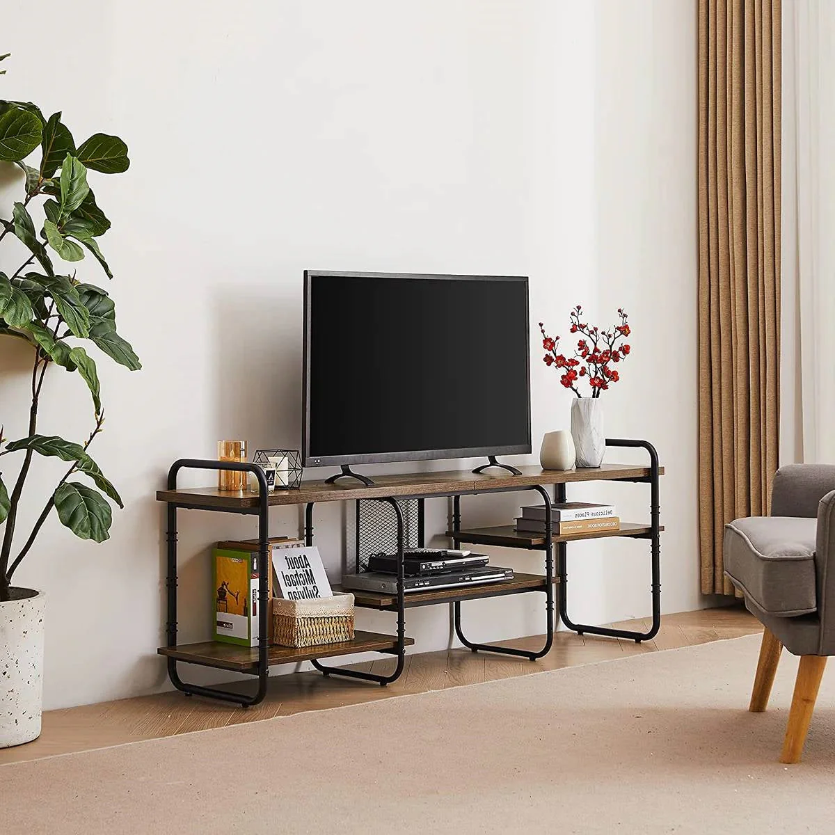 Modern Industrial Metal Wood Entertainment Center TV Stand for TV up to 60-inch - Image 3