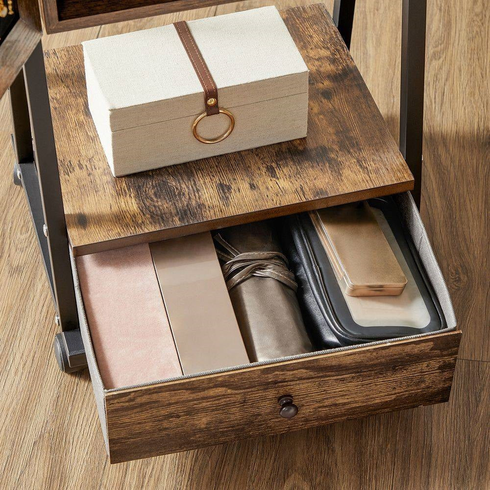 Modern Industrial Metal Wood Jewelry Armoire Cabinet Organizer Mirror on Wheels - Image 4