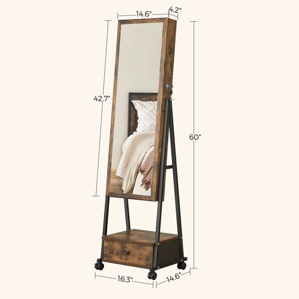 Modern Industrial Metal Wood Jewelry Armoire Cabinet Organizer Mirror on Wheels - Image 5