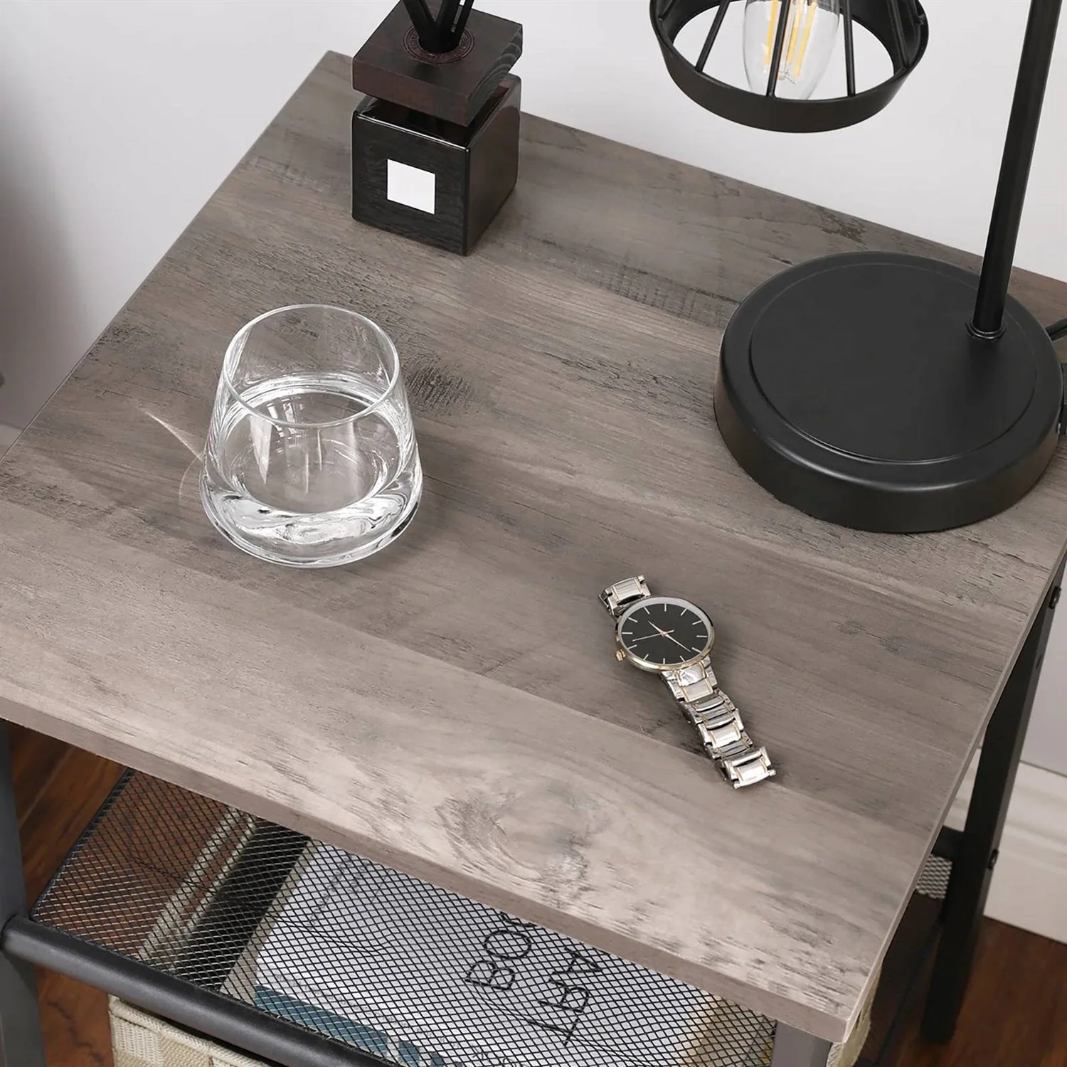 Modern Industrial Side Table Nightstand in Black Metal with Grey Beige Wood Top - Image 3