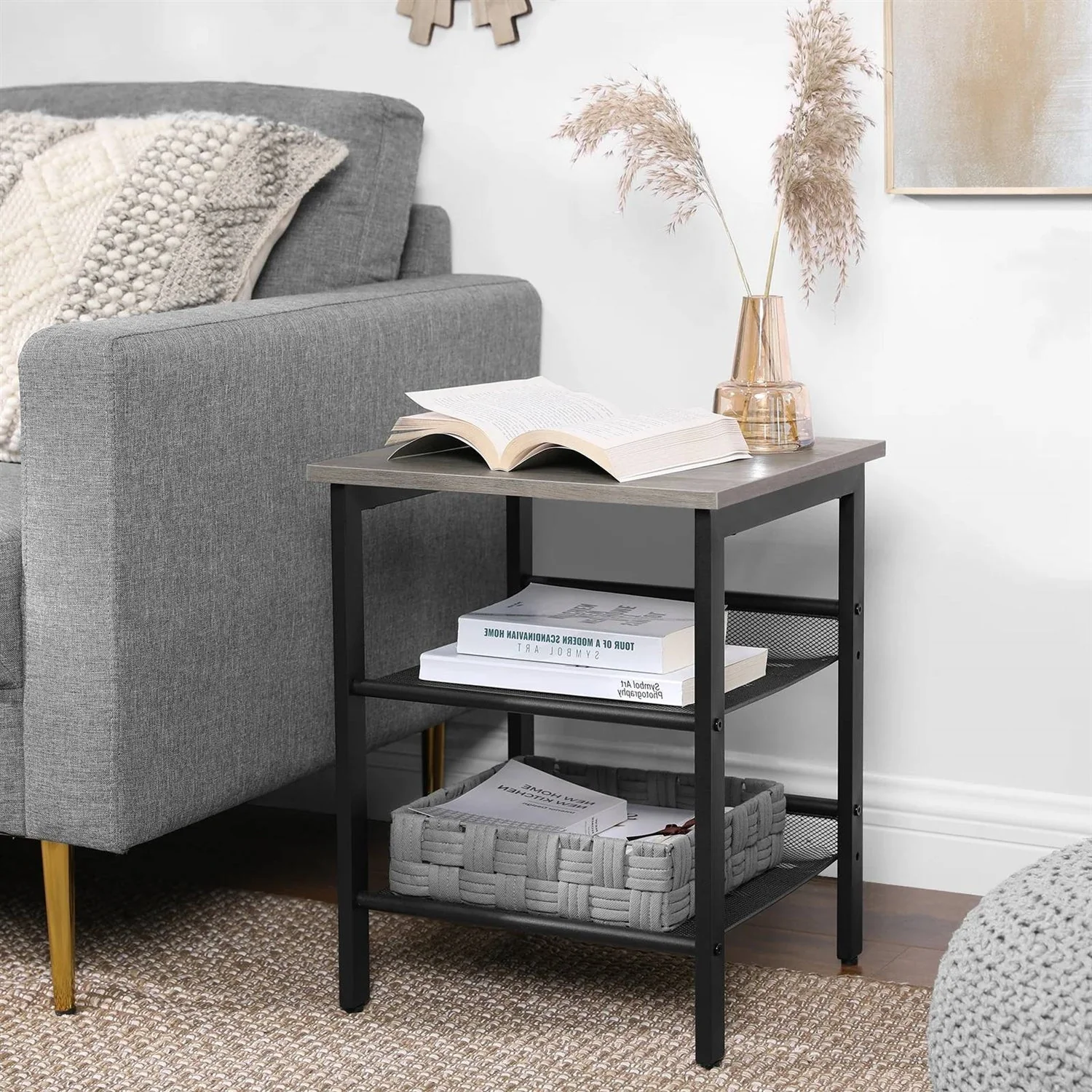 Modern Industrial Side Table Nightstand in Black Metal with Grey Beige Wood Top - Image 4