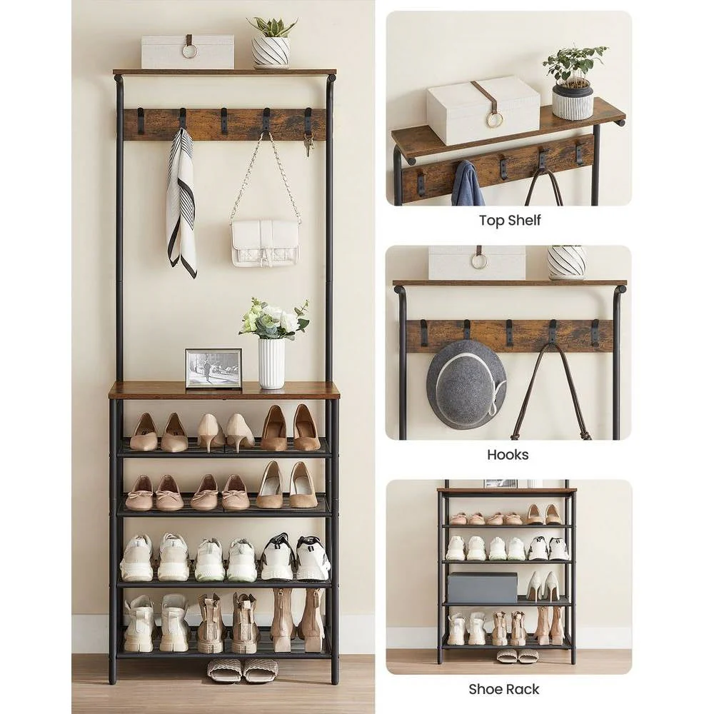 Modern Industrial Style Hall Tree Coat Rack Entryway Shoe Rack with 4 Shelves - Image 4