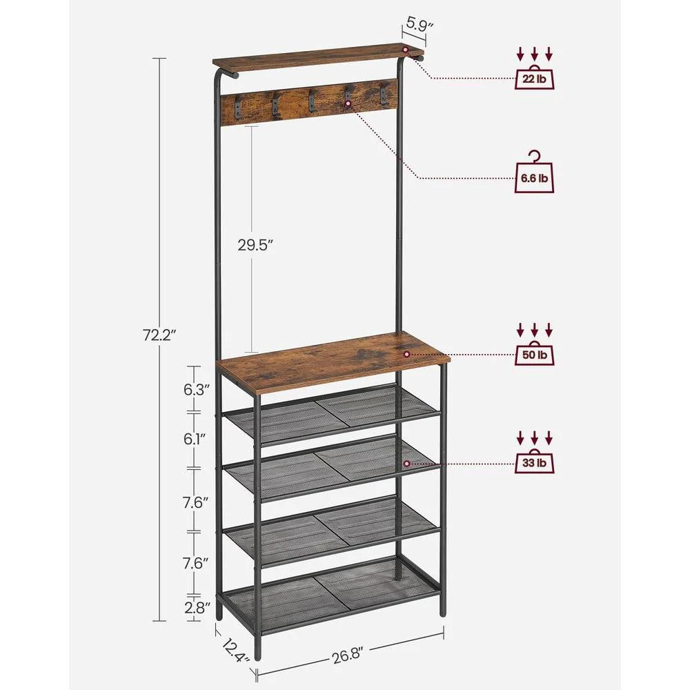 Modern Industrial Style Hall Tree Coat Rack Entryway Shoe Rack with 4 Shelves - Image 5