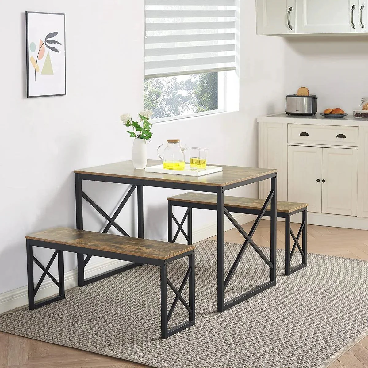 Modern Industrial Wood-Top Kitchen Dining Table Set with 2 Backless Benches - Image 2