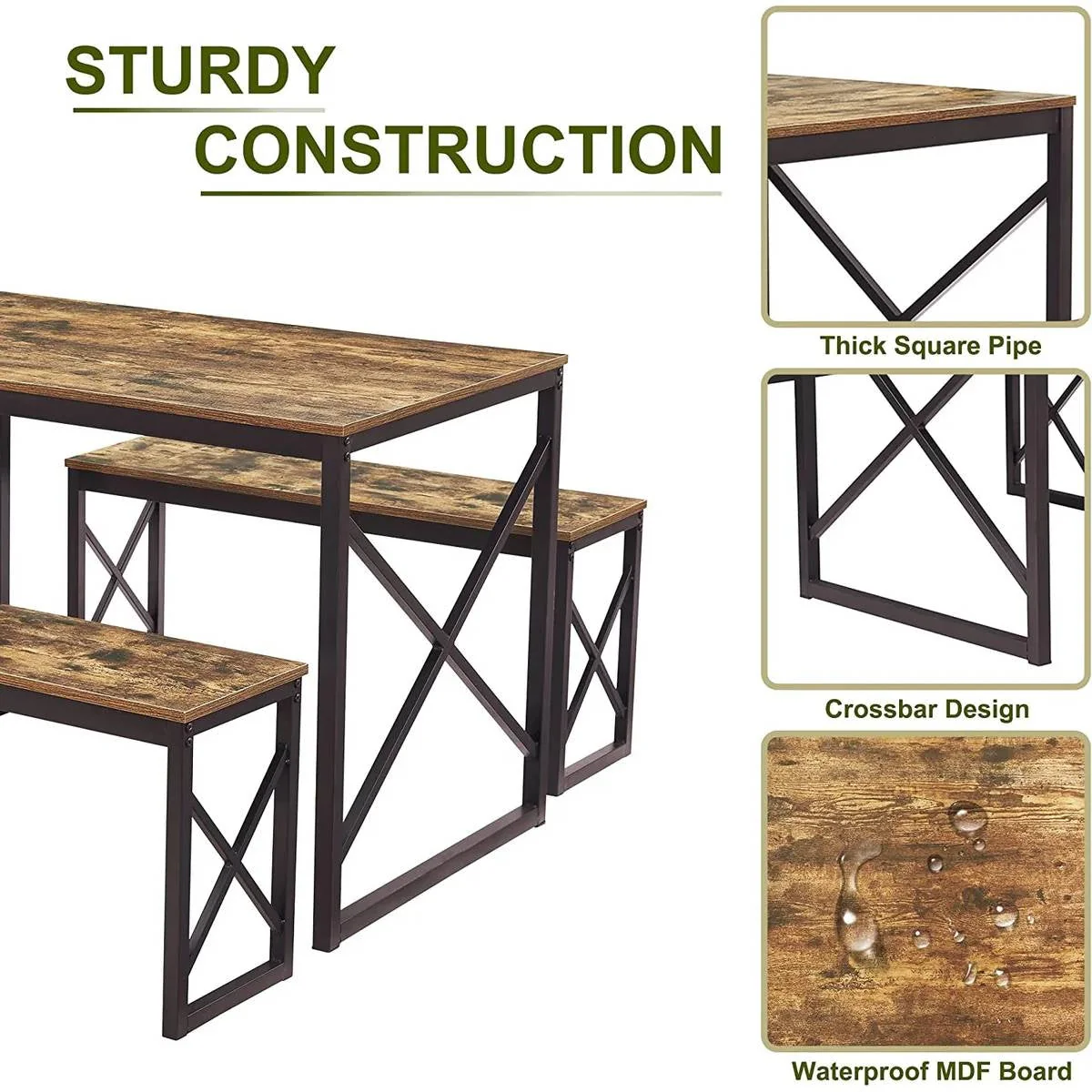 Modern Industrial Wood-Top Kitchen Dining Table Set with 2 Backless Benches - Image 3