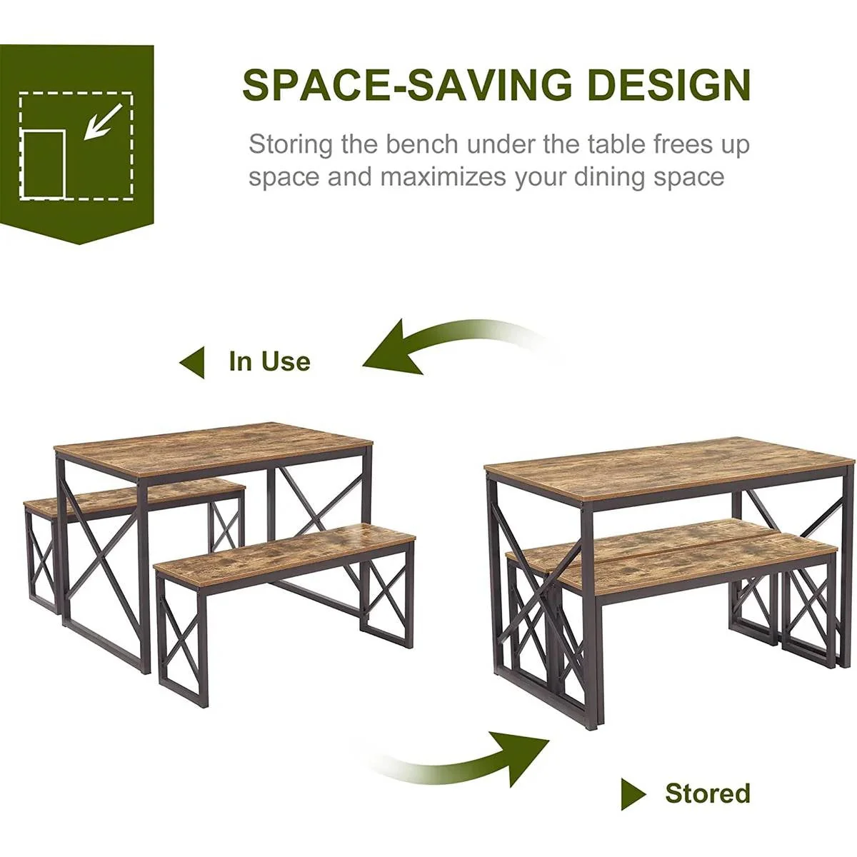 Modern Industrial Wood-Top Kitchen Dining Table Set with 2 Backless Benches - Image 4