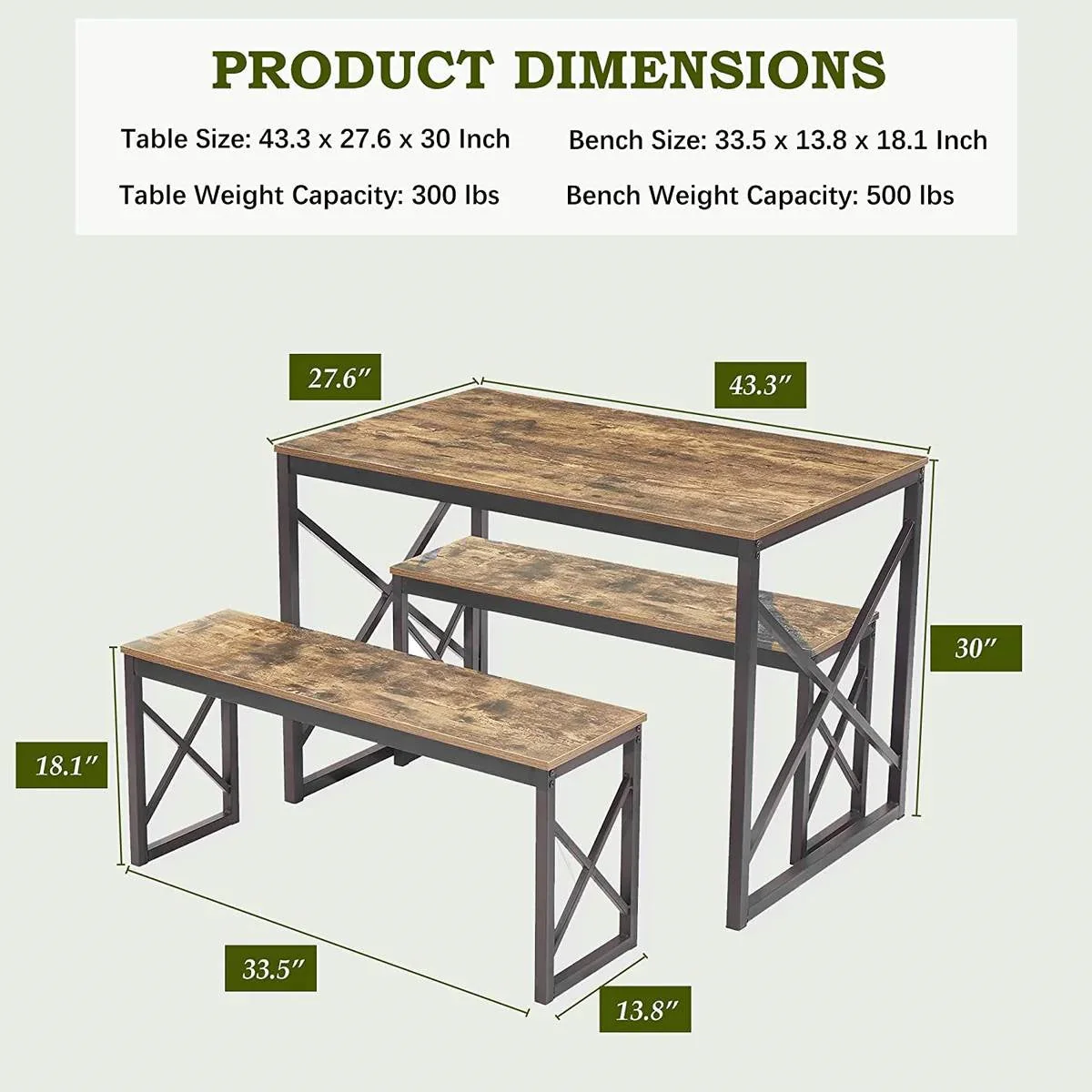 Modern Industrial Wood-Top Kitchen Dining Table Set with 2 Backless Benches - Image 5