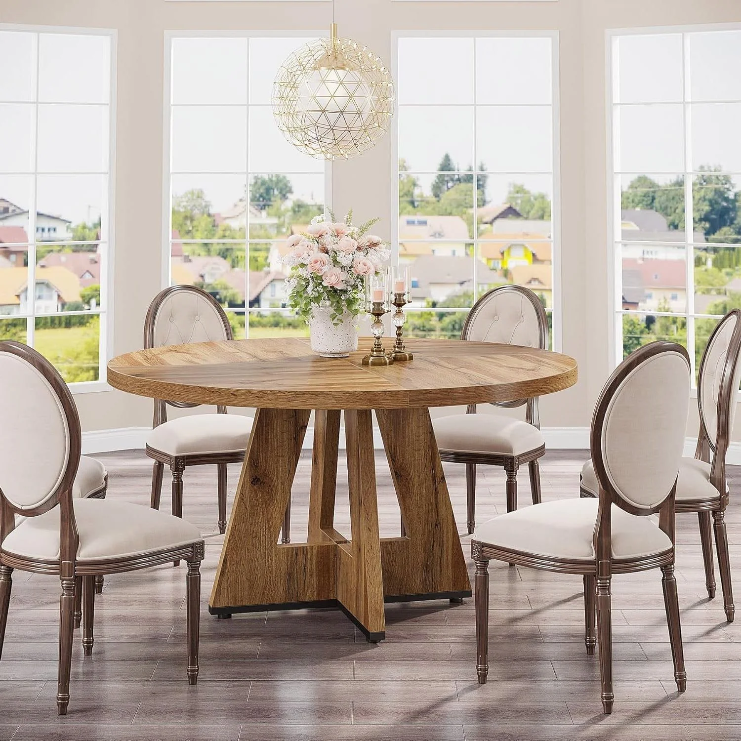 Modern Kitchen 4-Person Circular Dining Table in Retro Brown Wood Finish - Image 3