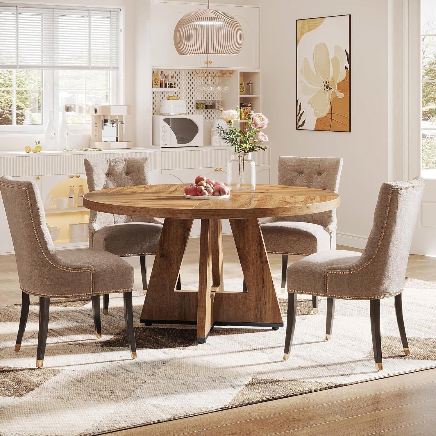 Modern Kitchen 4-Person Circular Dining Table in Retro Brown Wood Finish - Image 4