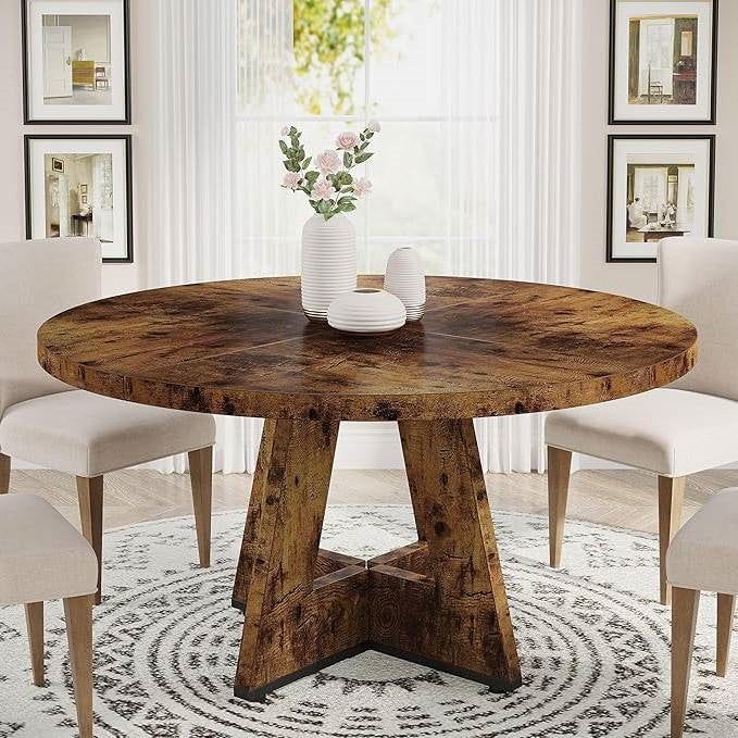 Modern Kitchen 4-Person Circular Dining Table in Rustic Brown Wood Finish - Image 2