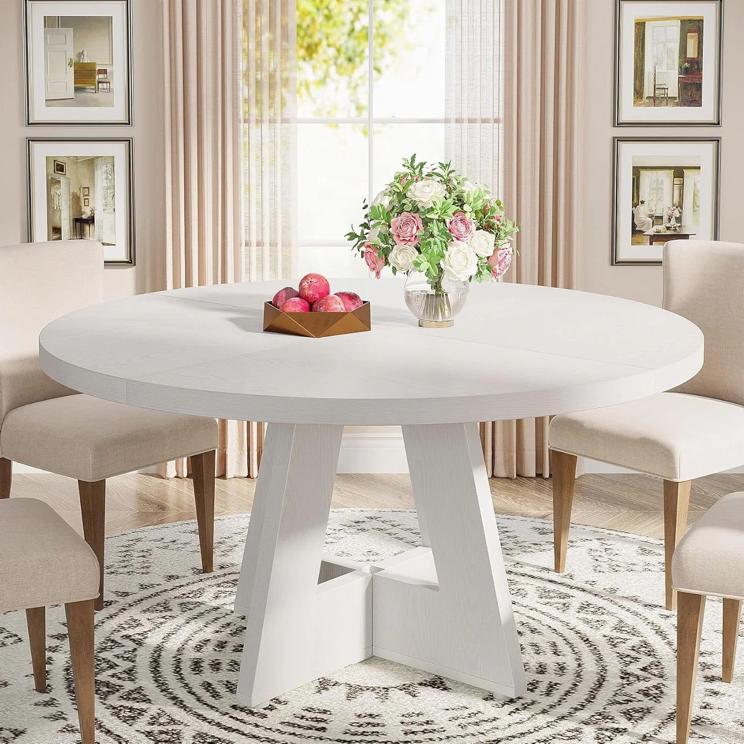 Modern Kitchen Round Circular Dining Table in White Wood Finish - Image 2