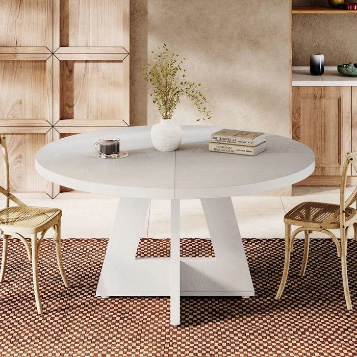 Modern Kitchen Round Circular Dining Table in White Wood Finish - Image 3