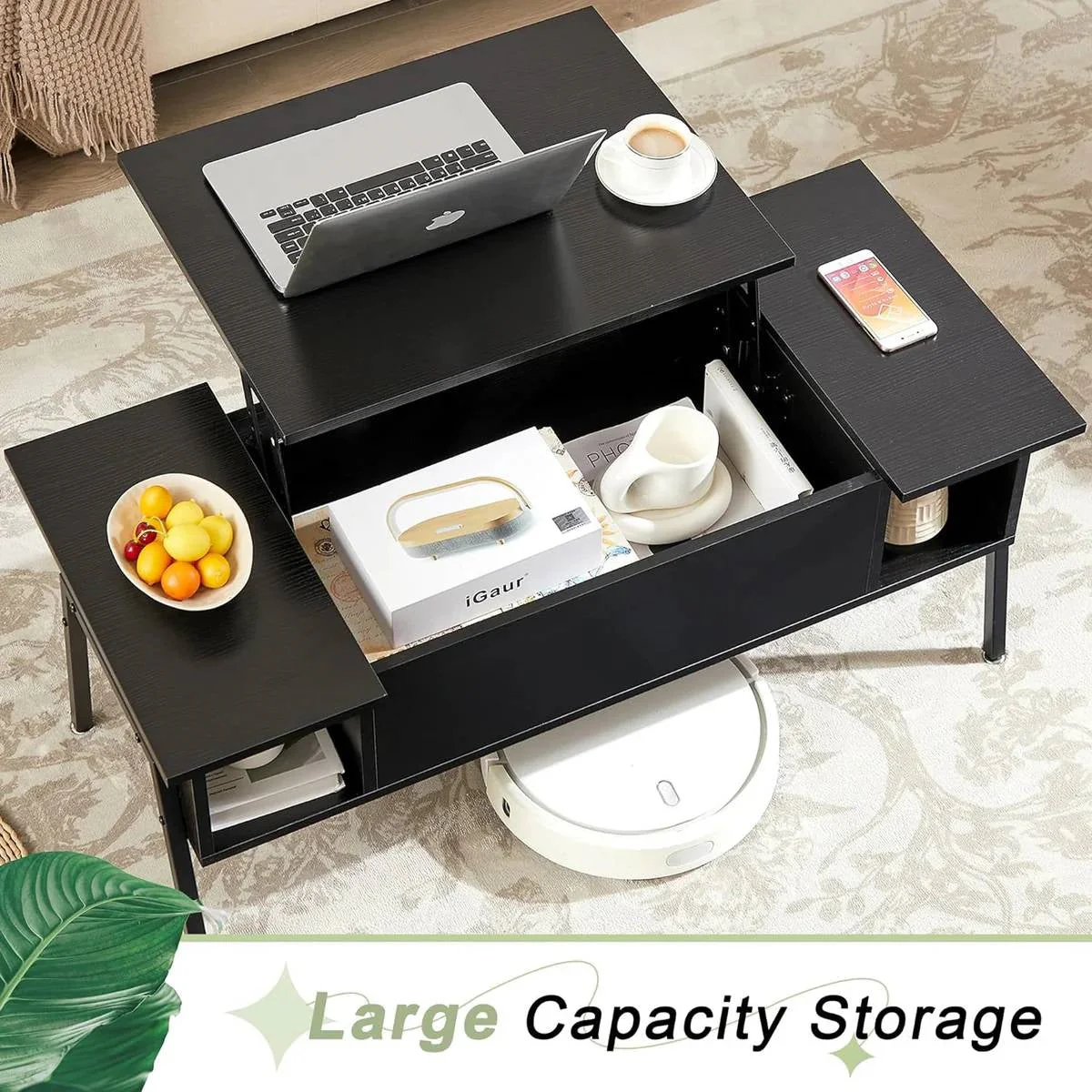 Modern Lift-Top Coffee Table Laptop Desk with Storage Shelf in Black Wood Finish - Image 2