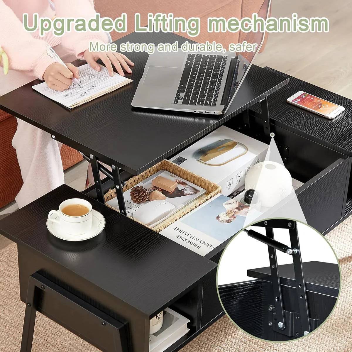 Modern Lift-Top Coffee Table Laptop Desk with Storage Shelf in Black Wood Finish - Image 3