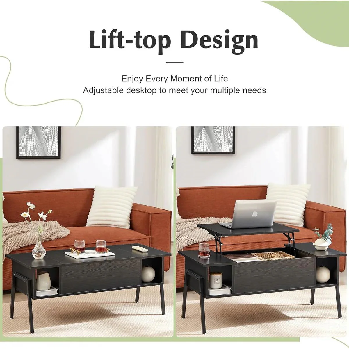 Modern Lift-Top Coffee Table Laptop Desk with Storage Shelf in Black Wood Finish - Image 4