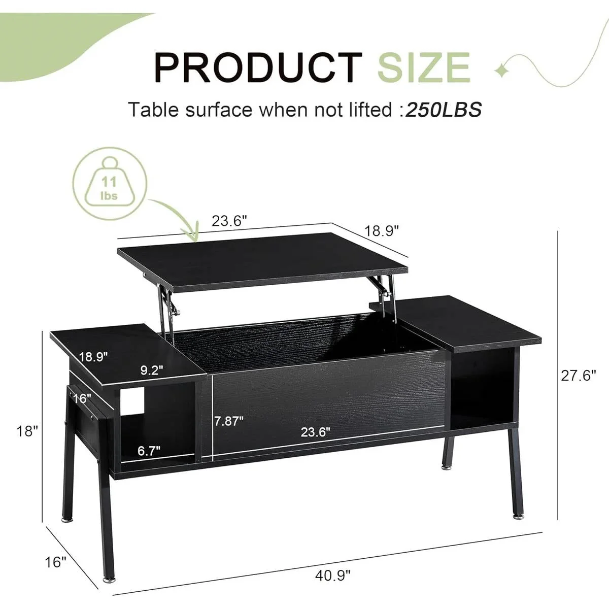 Modern Lift-Top Coffee Table Laptop Desk with Storage Shelf in Black Wood Finish - Image 5