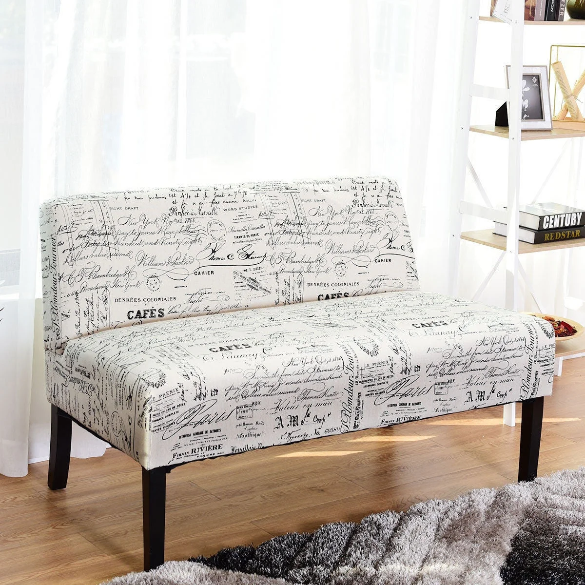 Modern Loveseat Sofa with Off-White Cursive Pattern Upholstery and Black Wood Legs - Image 2