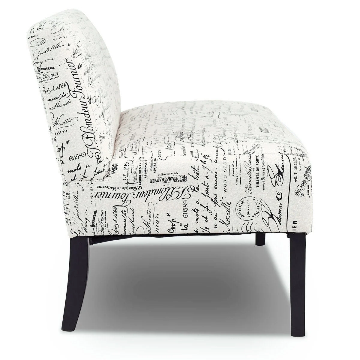 Modern Loveseat Sofa with Off-White Cursive Pattern Upholstery and Black Wood Legs - Image 3