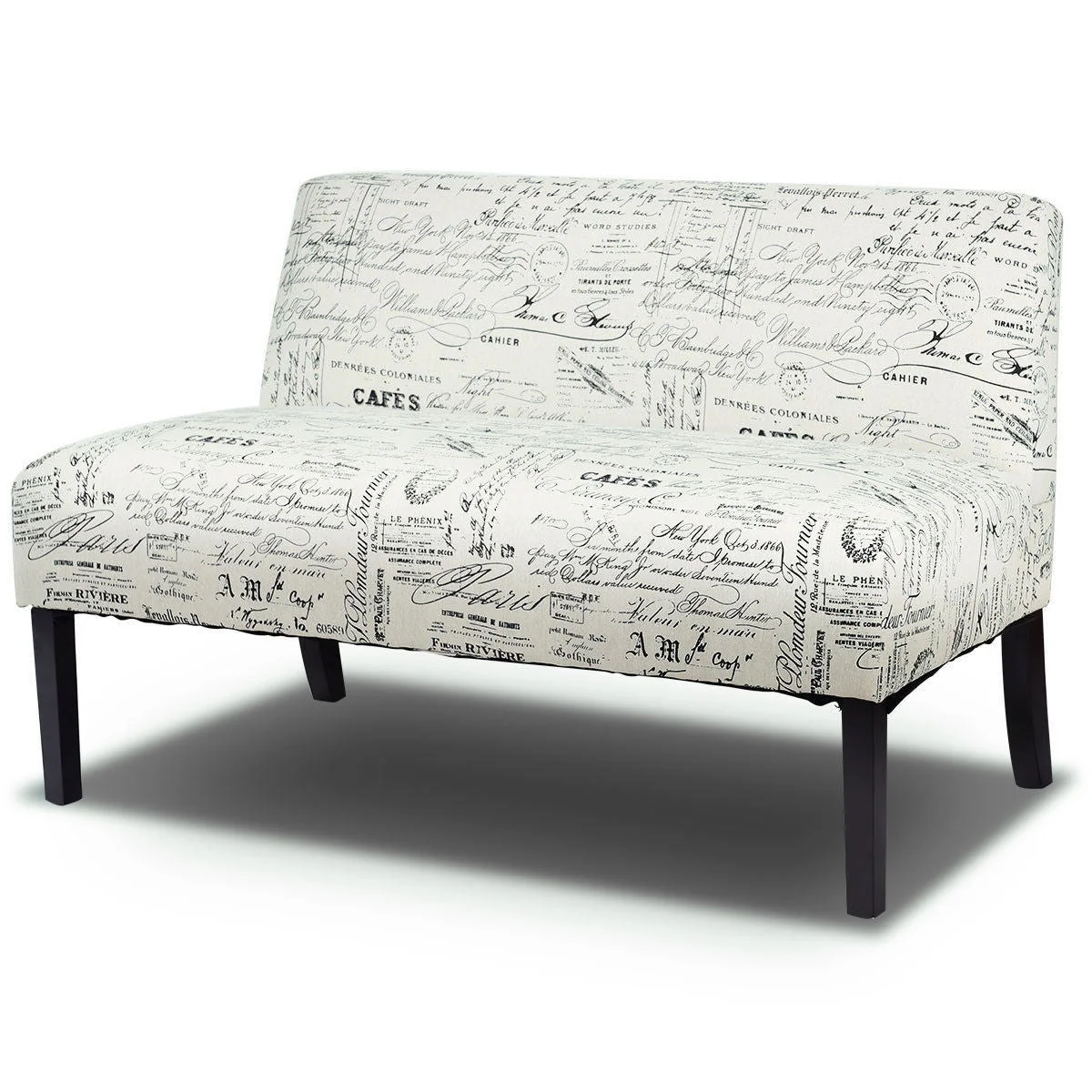 Modern Loveseat Sofa with Off-White Cursive Pattern Upholstery and Black Wood Legs - Image 4