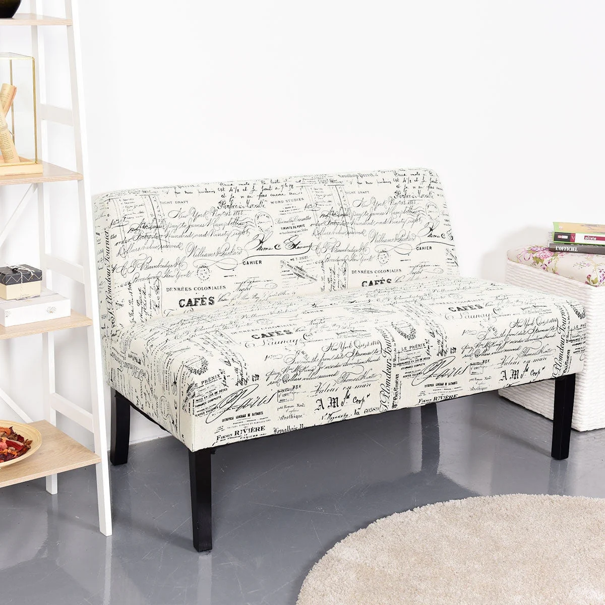 Modern Loveseat Sofa with Off-White Cursive Pattern Upholstery and Black Wood Legs - Image 5