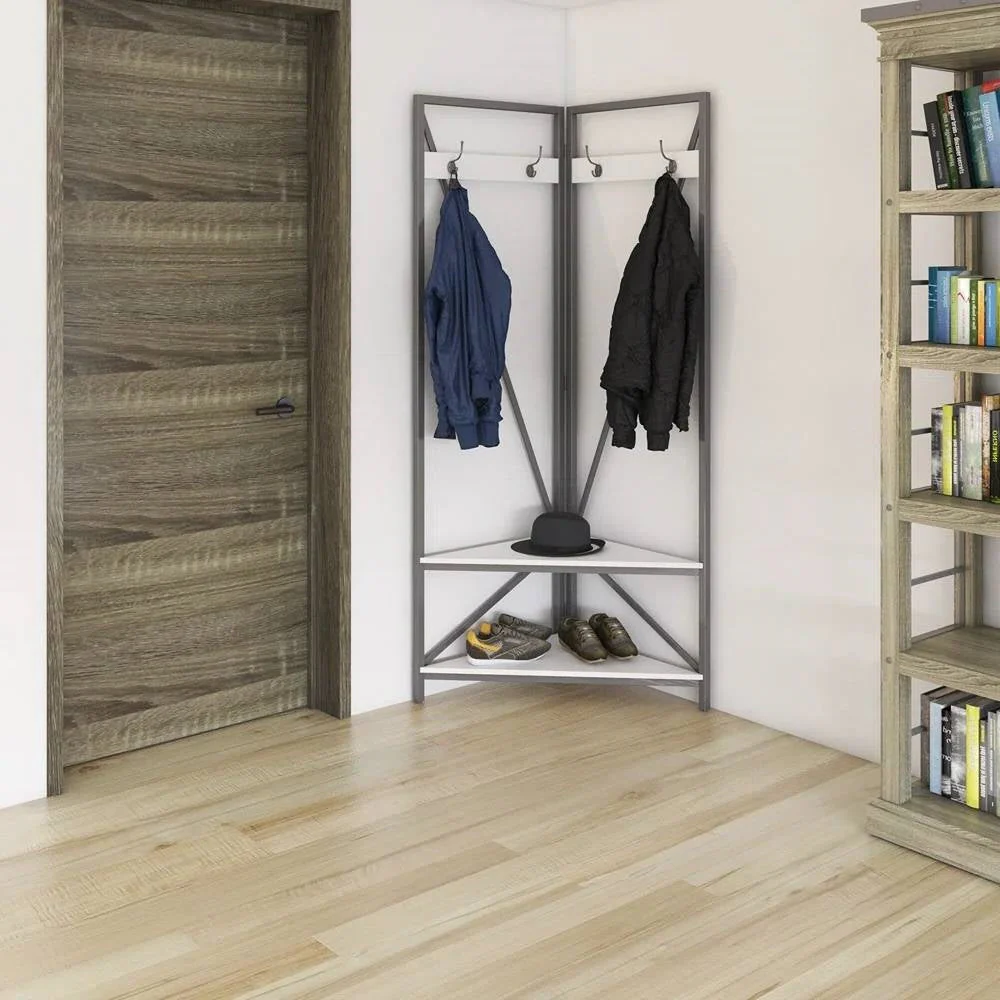 Modern Metal Hall Tree Coat Rack Shoe Storage Bench with White Seat and Shelf - Image 2