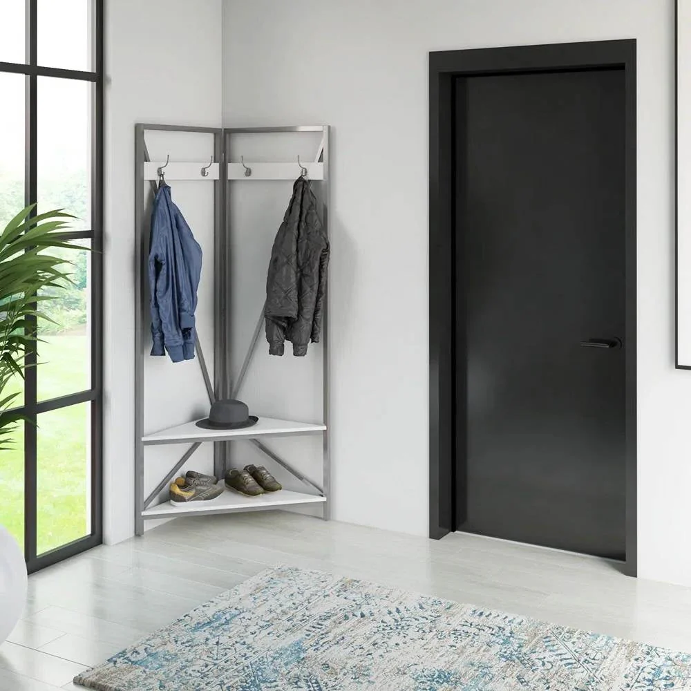 Modern Metal Hall Tree Coat Rack Shoe Storage Bench with White Seat and Shelf - Image 3