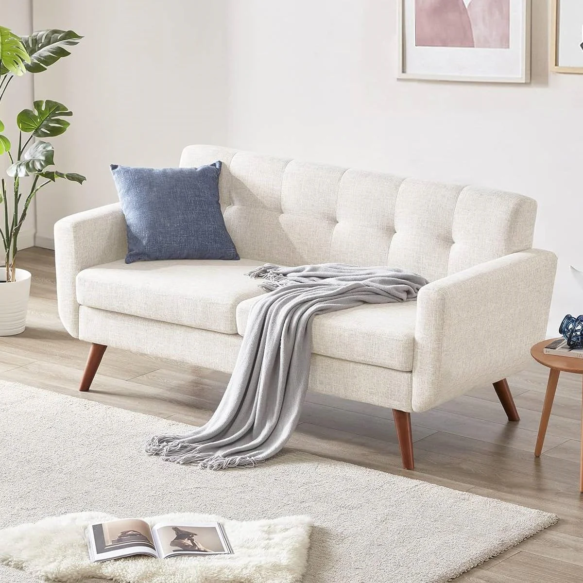 Modern Mid-Century Beige Cotton Polyester Upholstered Sofa Loveseat - Image 4
