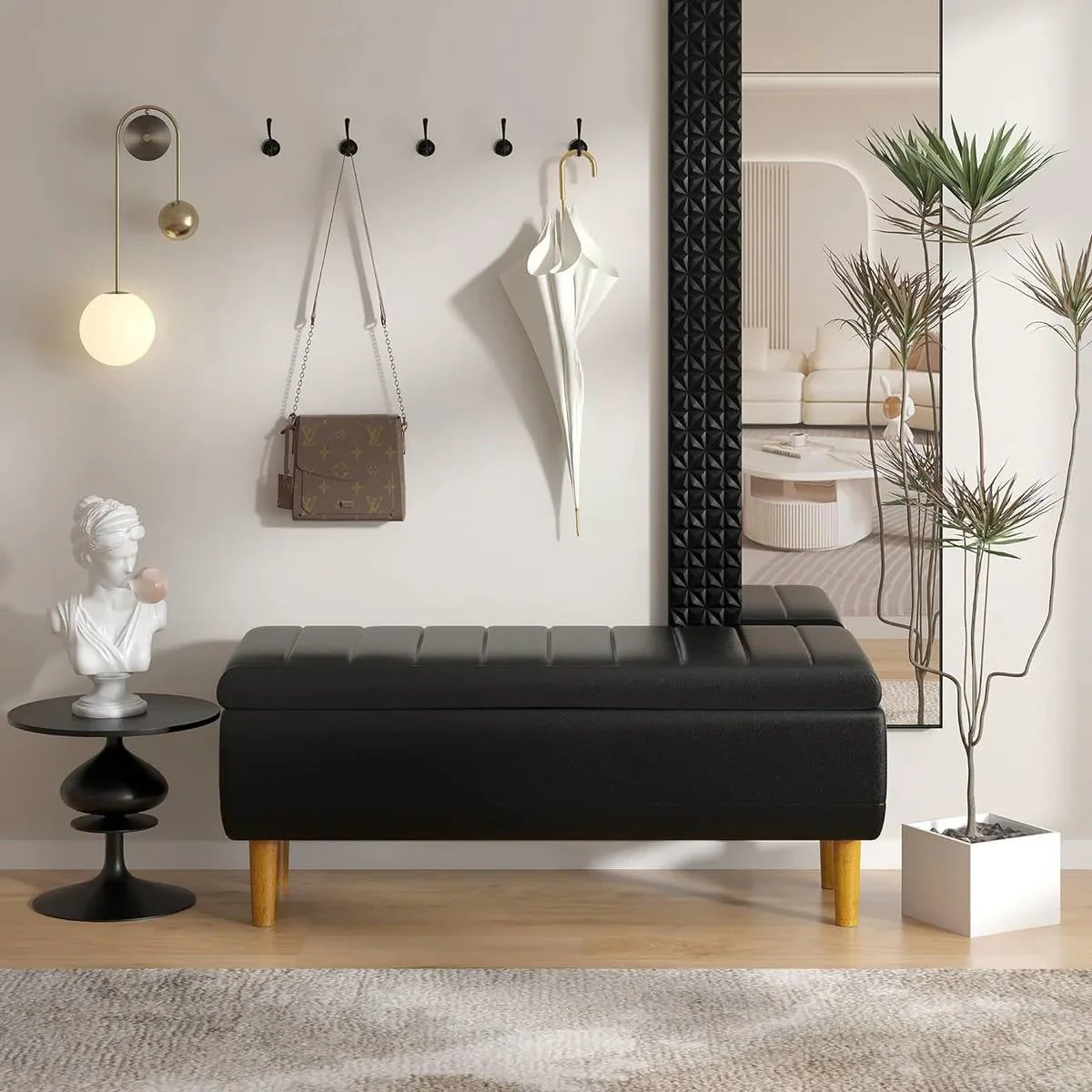 Modern Mid-Century Black Faux Leather End of Bed Storage Bench Ottoman - Image 2