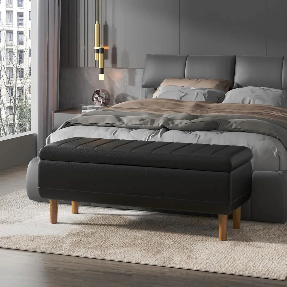 Modern Mid-Century Black Faux Leather End of Bed Storage Bench Ottoman - Image 3
