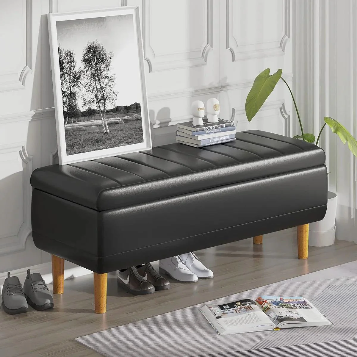 Modern Mid-Century Black Faux Leather End of Bed Storage Bench Ottoman - Image 4