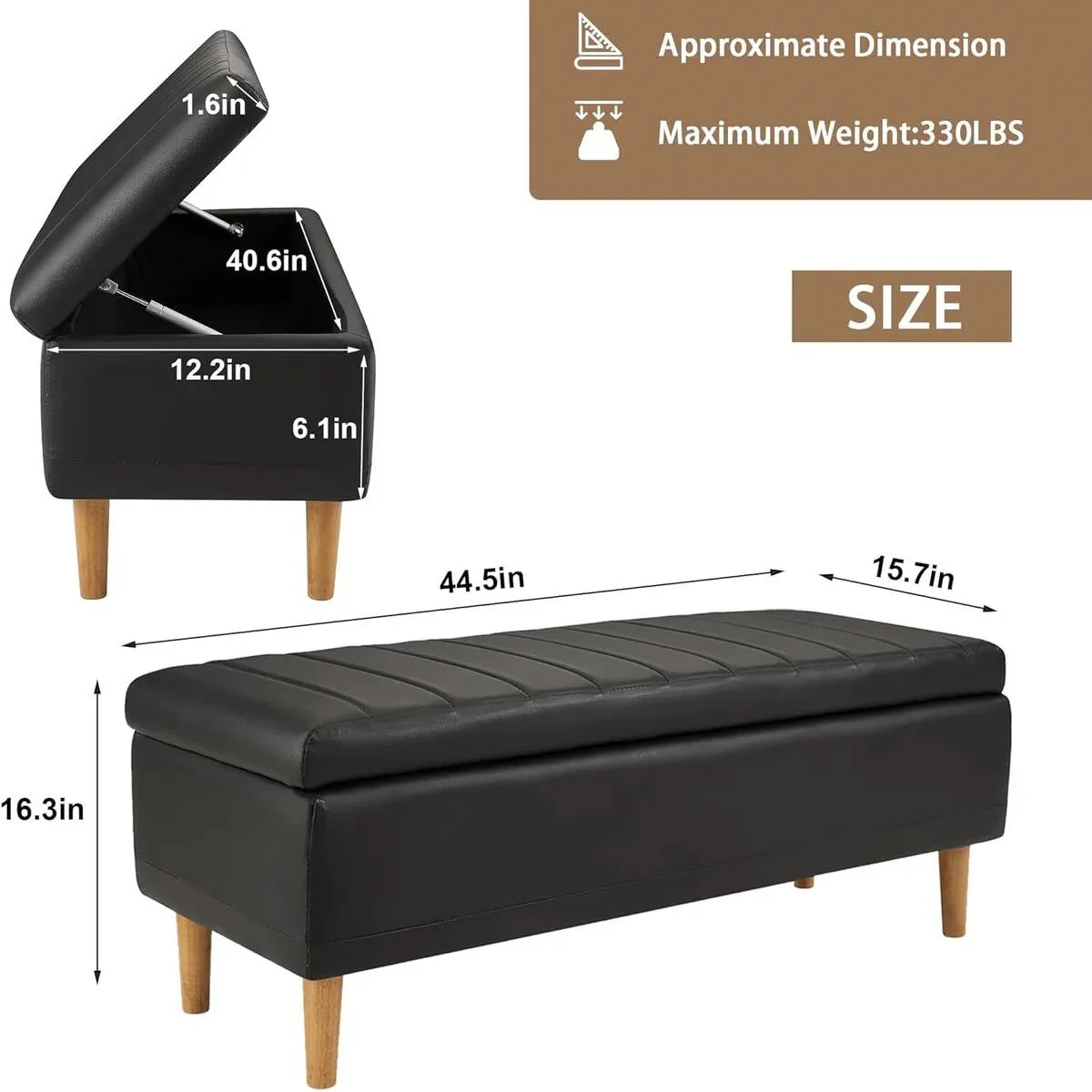 Modern Mid-Century Black Faux Leather End of Bed Storage Bench Ottoman - Image 5
