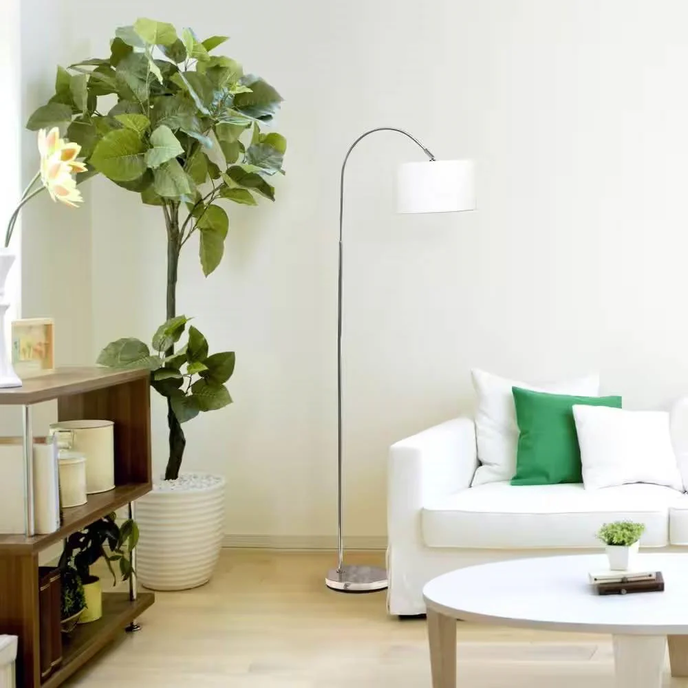 Modern Mid-Century Floor Lamp in Brushed Nickel Finish with White Drum Shade - Image 2