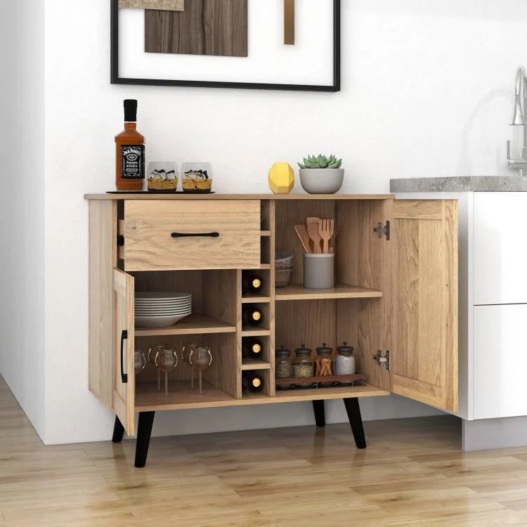 Modern Mid-Century Style Kitchen Buffet Dining Sideboard Cabinet with Wine Rack - Image 4