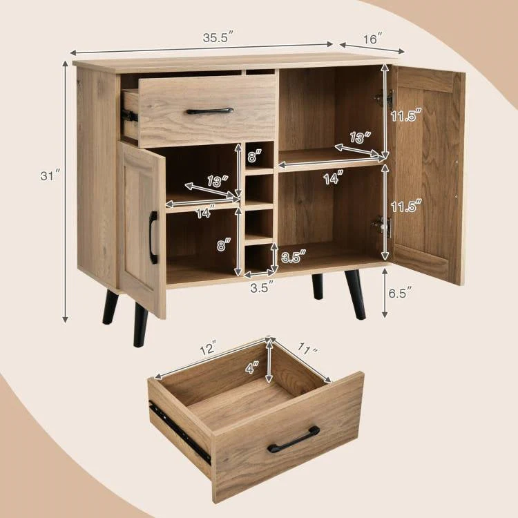 Modern Mid-Century Style Kitchen Buffet Dining Sideboard Cabinet with Wine Rack - Image 5